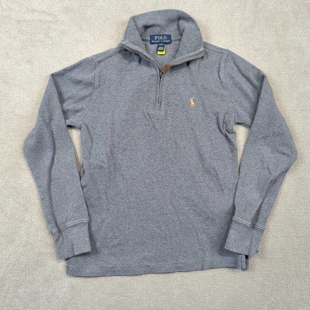 Polo Ralph Lauren Pullover Kids M 10-12 Gray Quarter Zip Cotton Mock Neck Pony